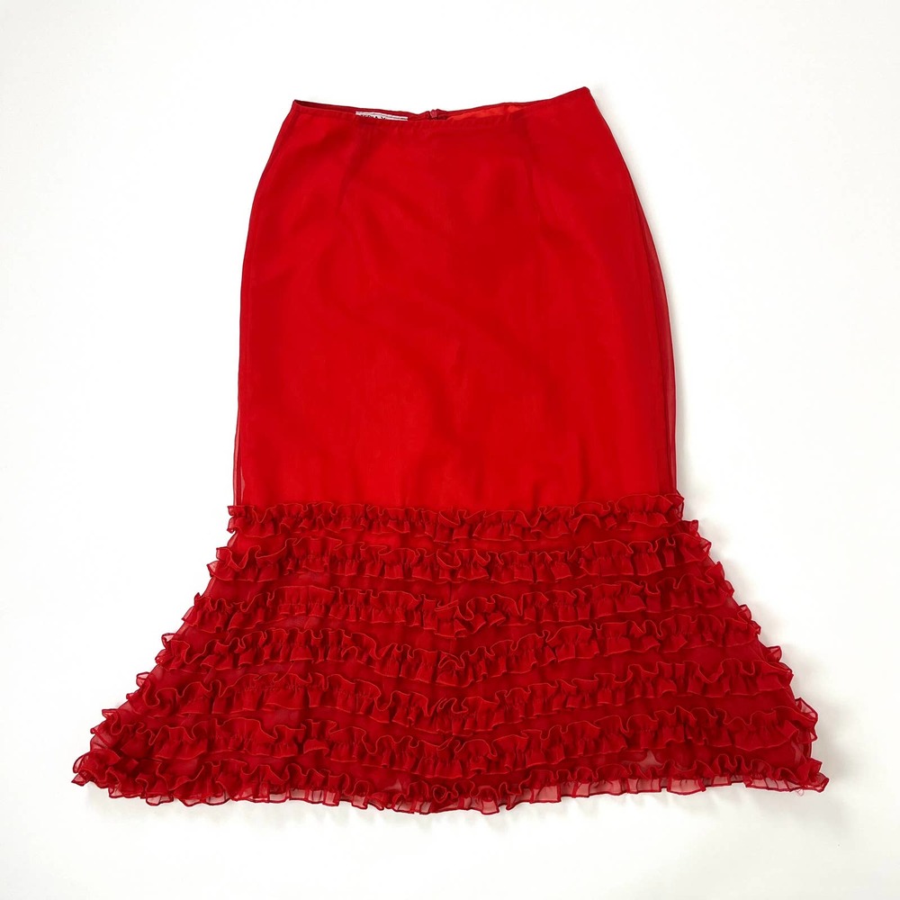 Fit and Flare Ruffled Bottom Red Midi Skirt